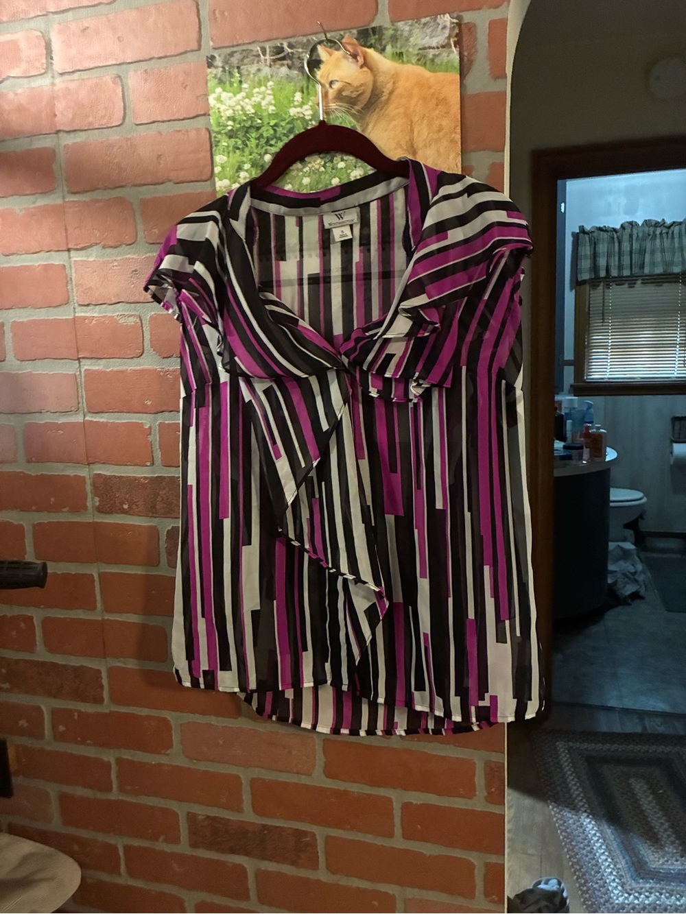 Worthington Striped Ruffle Front Blouse - Purple / Black / White